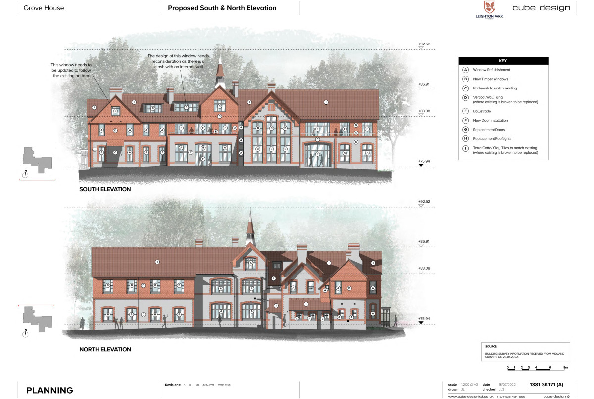 Leighton Park School Grove House cube design  Proposed South North Elevations